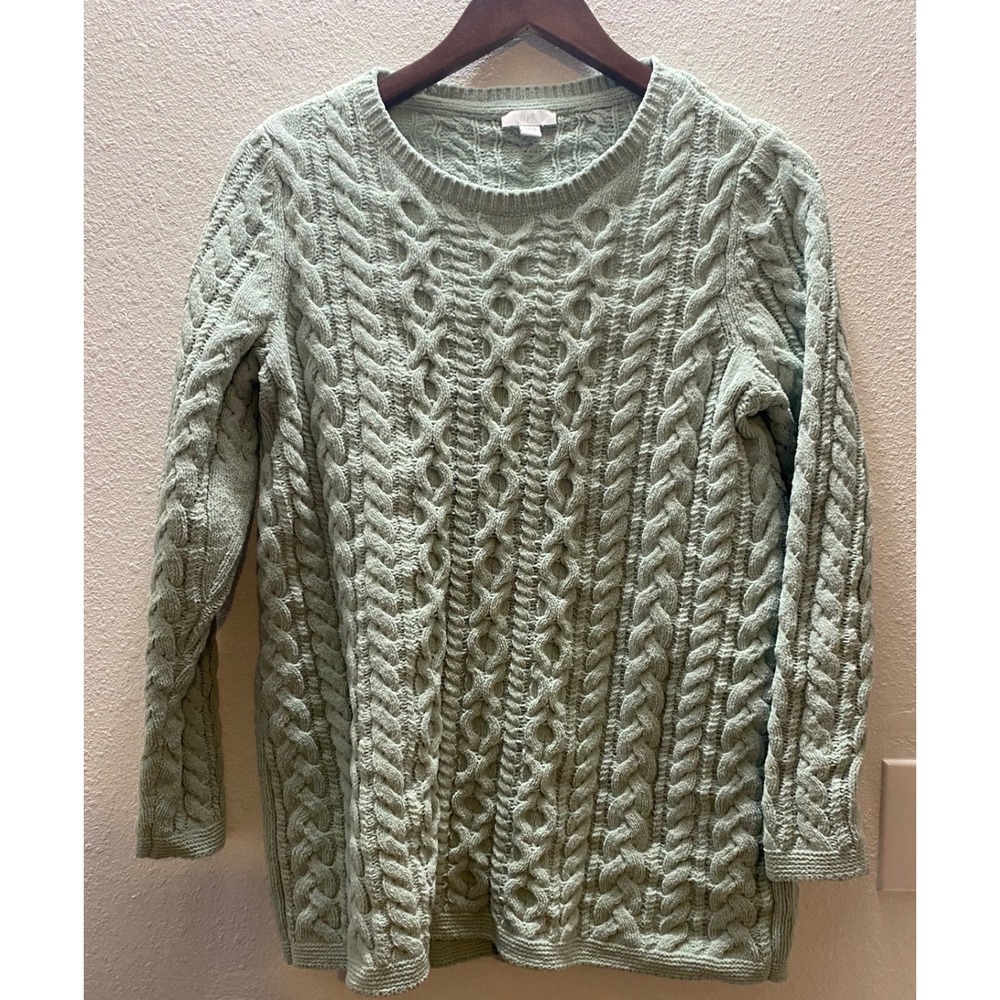 J. Jill Sage Green Cable Knit Chenille Sweater‎ Womens Small Petite Crew Neck